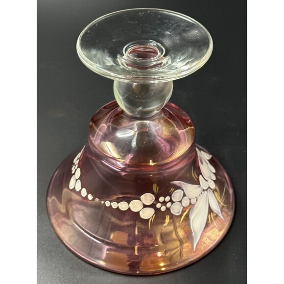 Hand Painted Design on Cranberry Glass Footed Bowl with Clear Glass Pedestal - Picture 8 of 8